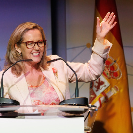 La vicepresidenta primera del Gobierno, Nadia Calviño, interviene en la apertura del X Aniversario de la European Long Term Investor Association, en Casa América, a 20 de julio de 2023, en Madrid (España).