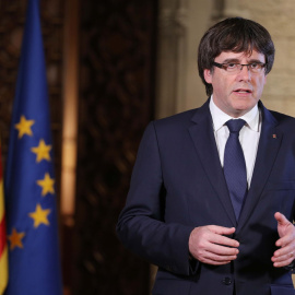 El president de la Generalitat de Catalunya, Carles Puigdemont durante su discurso de reacción al 155./GENERALITAT DE CATALUNYA