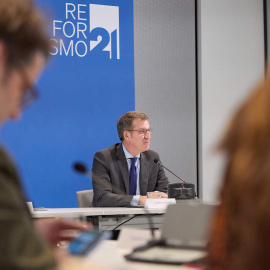 El presidente del Partido Popular, Alberto Núñez Feijóo, durante el acto de constitución de la nueva fundación del PP, en el edificio GMP, a 17 de marzo de 2023, en Madrid.