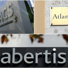 Los logos de ACS, Atlantia y Abertis, en sus respectivas sedes en Madrid, Roma y Barcelona. REUTERS/E.P./AFP