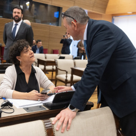 La portavoz de Justicia de Esquerra Republicana (ERC) en el Congreso, Pilar Vallugera (c), y el diputado de Junts Josep Maria Cervera (1d) conversan a su llegada a la Comisión de Justicia, en el Congreso de los Diputados