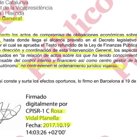 Párrafo del informe firmado por la interventora general de Hacienda de la Generalitat en el que se constata que el 1-O no se cometió malversación.
