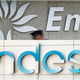 Los logos de las eléctricas Enel y Endesa, en sus respectivas sedes. REUTERS