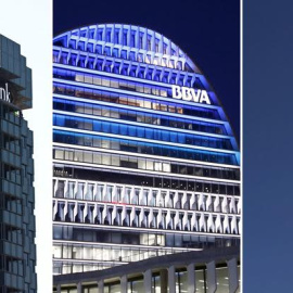 Los logos de Caixabank, BBVA y Santander, en sus respectivas sedes en Barcelona, Madrid y Boadilla.
