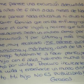 Carta de una madre al colegio de su hijo de seis años adjunta a la solicitud de autorización para visitar El Corte Inglés "a dos meses de Navidad".