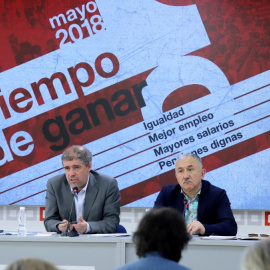 Los secretario generales de CCOO, Unai Sordo, y de UGT, Pepe Àlvarez, durante la presentación de las movilizaciones para el Primero de Mayo.- CCOO