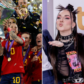 Combo de fotos de la selección celebrando su victoria y una imagen de archivo de Inés Hernand.