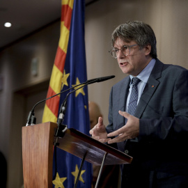 El eurodiputado de Jxcat Carles Puigdemont interviene en la conferencia inaugural de la jornada interparlamentaria de su formación en Bruselas este 5 de septiembre de 2023.