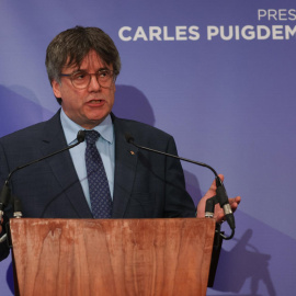 El eurodiputado de Junts y expresident de Catalunya, Carles Puigdemont, durante su intervención de este martes en Bruselas.