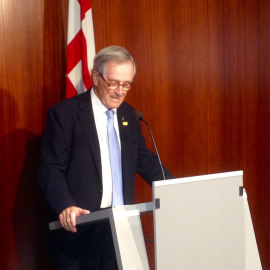 El exalcalde de Barcelona y presidente del grupo municipal Demòcrata, Xavier Trias, durante su comparencia ante los periodistas. E.P.