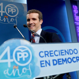 El vicesecretario de Comunicación del PP, Pablo Casado, durante la rueda de prensa que ha ofrecido tras la reunión del Comité de Dirección del partido. EFE/Chema Moya