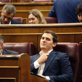 El líder de Ciudadanos, Albert Rivera, y el portavoz del grupo en la cámara baja, Juan Carlos Girauta, durante el Pleno en el Congreso de los Diputados. - EFE