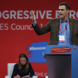 El secretario general del PSOE, Pedro Sánchez, durante la apertura de la asamblea del Grupo de la Alianza Progresista de Socialistas y Demócratas en Lisboa. EFE/ Tiago Petinga