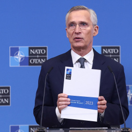 14/3/24 - El secretario general de la OTAN, Jens Stoltenberg, presenta el informe anual de la alianza en la sede de la OTAN en Bruselas, Bélgica, el 14 de marzo de 2024.