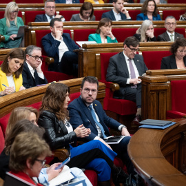 El president de la Generalitat, Pere Aragonès, durante el pleno del debate a la totalidad de Presupuestos 2024 en el Parlament. E.P./David Zorrakino