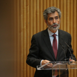 El presidente del CGPJ, Carlos Lesmes, interviene en la jornada en el Congreso de los Diputados sobre el Estado Abierto, a 17 de mayo de 2021, en Madrid.