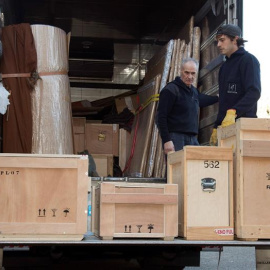 Las obras del Monasterio de Villanueva de Sijena (Huesca), que se encontraban en el Museo de Lleida han llegado a la localidad oscense. / EFE