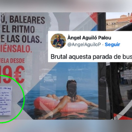 El mensaje con un ruego en una parada de bus de Bilbao sobre sobre el turismo de masas en Balears