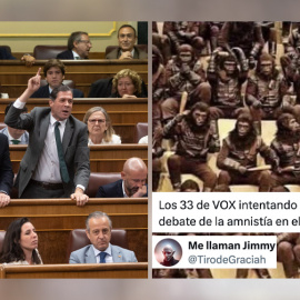 Diputados de Vox gritando en el Congreso en una imagen de Europa Press y a la derecha un meme. 