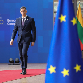 El presidente del Gobierno, Pedro Sánchez, a su llegada a Bruselas este jueves para participar en el Consejo Europeo.