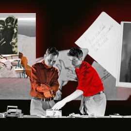 Montaje de un escena de la obra de Alberto Conejero y Xavier Bobés, el cartel del Teatro la Abadía y una imagen de Antoni Benaiges