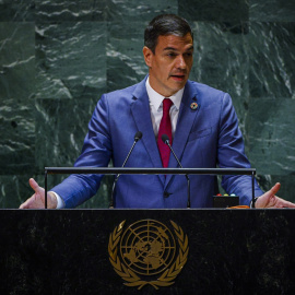 Pedro Sánchez, durante su alocución en el 78º período de sesiones de la Asamblea General de las Naciones Unidas en la Sede de las Naciones Unidas, a 20 de septiembre de 2023.