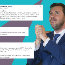 Óscar Puente con las manos entrelazadas en una imagen de archivo a la que acompañan los tweets de reacciones.
