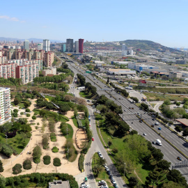 Imatge aèria d'arxiu del tram de la Granvia de l'Hospitalet on s'actuarà