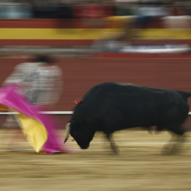 El diestro Juan Ortega con el capote durante una corrida de toros el 5 de febrero de 2023, en Valdemorillo, Madrid.