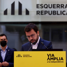 El candidato de ERC a la presidencia de la Generalitat, Pere Aragonès, en su intervención este fin de semana en la que anunció que iniciarán la legislatura "con un Govern en solitario" ante la imposibilidad de avanzar "hacia un acuerdo definitivo" con