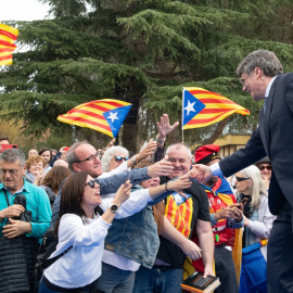 El expresident de la Generalitat y candidato a las elecciones catalanas Carles Puigdemont durante un acto en Elna (Francia), a 6 de abril de 2024.