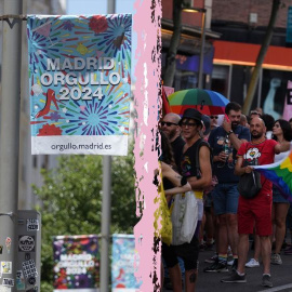 Montaje de dos imágenes, los carteles del MADO a la izquierda, y la manifestación del Orgullo Crítico de 2023 a la derecha.