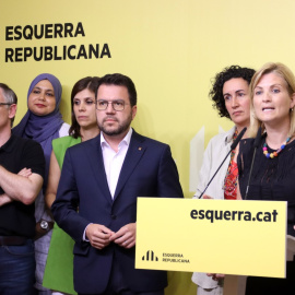 29/07/2024 - La cúpula d'ERC, amb la portaveu del partit, Raquel Sans, el president del Govern, Pere Aragonès, o la secretària general, Marta Rovira, en la roda de premsa d'aquest dilluns.