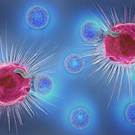 Ilustración en 3D de células cancerosas y linfocitos.