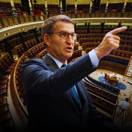 Ilustración del presidente del PP, Alberto Núñez Feijóo, y el hemiciclo del Congreso de los Diputados.