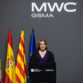 26/02/2023. Ada Colau interviene durante la cena oficial del MWC Barcelona 2023.