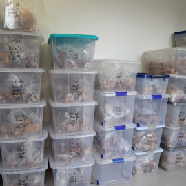 Cajas llenas de los objetos exhumados en las fosas en el cementerio de Son Colores, a 2 de diciembre de 2022, en Manacor, Mallorca. Entre los restos se encontraban los de Aurora Picornell.