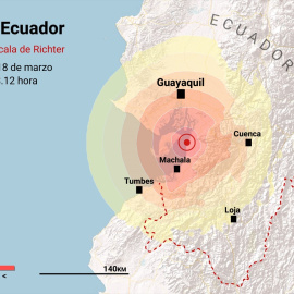 Mapa que representa la localización del terremoto de 6,7 de magnitud en la escala de Richter que ha sacudido este sábado la costa del Pacífico ecuatoriano.