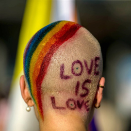 Imagen de archivo de una persona con los colores de la bandera LGBTI en la cabeza y el mensaje "Love is love".