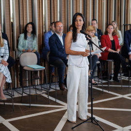 La candidata de Ciudadanos (Cs) a la Alcaldía de Madrid, Begoña Villacís, presenta la lista electoral con la que concurrirá a las próximas elecciones municipales, en Ginkgo Restaurant & Sky Bar del Hotel VP Plaza España, a 11 de abril de 2023, en Ma