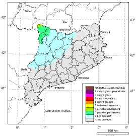 Mapa de la simulació d'intensitats percebudes a Catalunya pel terratrèmol