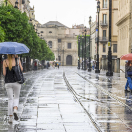 Varias personas se protegen de la lluvia el pasado jueves en la Avenida de La Constitución de Sevilla.