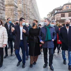 La presidenta de La Rioja, Concha Andreu, el candidato del PSOE a la Presidencia de la Junta, Luis Tudanca, la presidenta de Navarra, María Chivite, el presidente de Castilla La Mancha, Emiliano García-Paje, el presidente de Aragón, Javier Lambán, y e