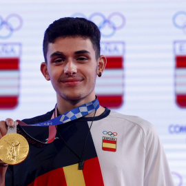 Alberto Ginés, campeón olímpico en escalada en los JJOO Tokio 2020, durante la rueda de prensa que ha ofrecido hoy en Madrid