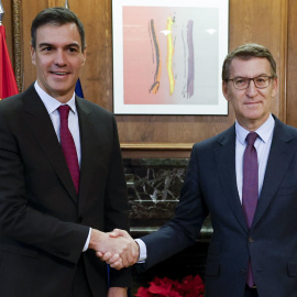 El presidente del Gobierno, Pedro Sánchez (i) y el líder del PP, Alberto Núñez Feijóo (d) durante su encuentro este viernes en el Congreso de los Diputados en Madrid