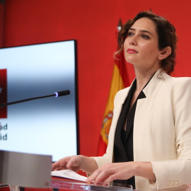 La presidenta de la Comunidad de Madrid, Isabel Díaz Ayuso durante su comparecencia en en la Real Casa de Correos de Madrid este jueves. E.P.