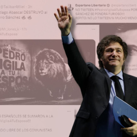 Montaje con una imagen de Javier Milei (EFE) y varias capturas de los tuits contra Pedro Sánchez y su mujer, Begoña Gómez.