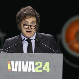 El presidente de Argentina, Javier Milei, durante su intervención en la convención política de Vox, este domingo en Madrid.