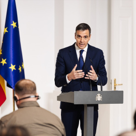 El presidente del Gobierno, Pedro Sánchez, durante una rueda de prensa posterior a un encuentro con el presidente de Ucrania.
