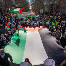 Varias personas llevan una bandera gigante de Palestina durante una manifestación en apoyo a Palestina, a 20 de enero de 2024, en Madrid